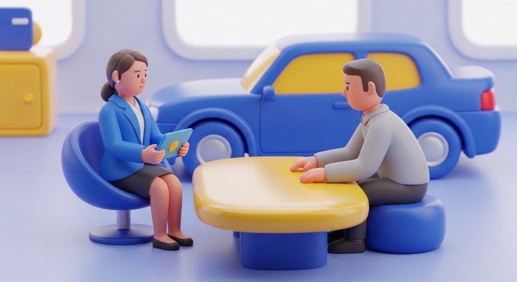 상담원과 고객이 태블릿으로 자동차 관련 안내를 보는 3D 일러스트, 다이렉트자동차보험료비교견적사이트로 여러 보험사 견적을 비교·활용하는 장면을 상징
