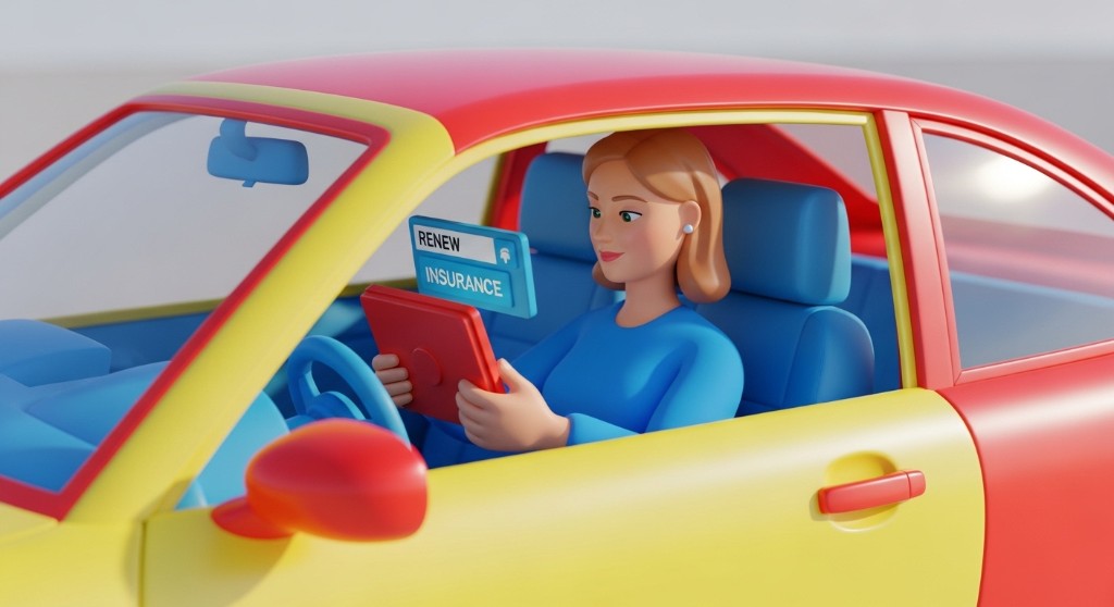 운전석에서 태블릿으로 보험 갱신 화면을 보는 3D 일러스트, RENEW·INSURANCE 문구가 표시된 디지털 안내. 자동차보험 갱신·변경과 다이렉트자동차보험료비교견적사이트 활용을 상징