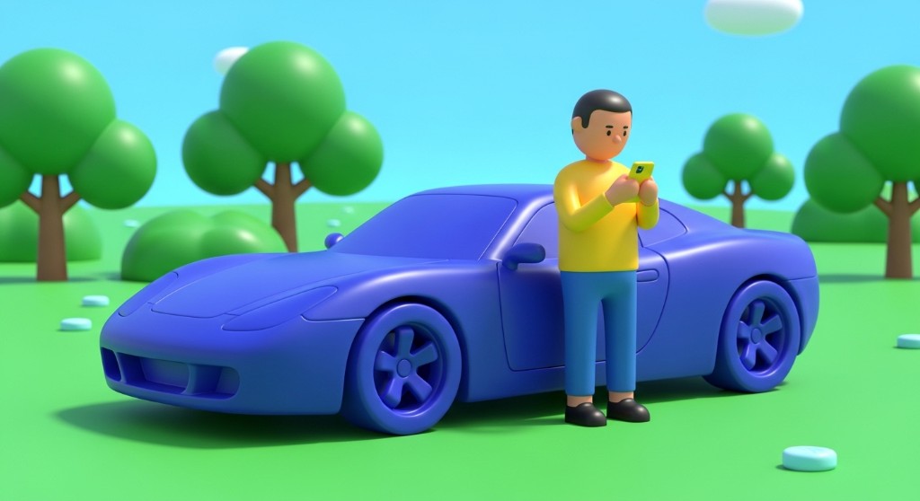 자동차 옆에서 스마트폰으로 정보를 확인하는 사람의 3D 일러스트. 자동차보험료 비교견적 전 약관·담보·특약을 점검하는 모습을 상징