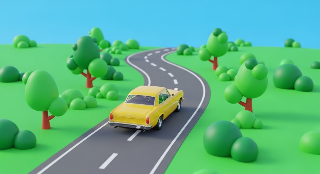 노란 자동차가 녹지와 굽은 도로를 달리는 3D 일러스트. 다이렉트자동차보험료비교견적사이트로 여러 보험사 자동차보험료를 비교하는 주제를 상징