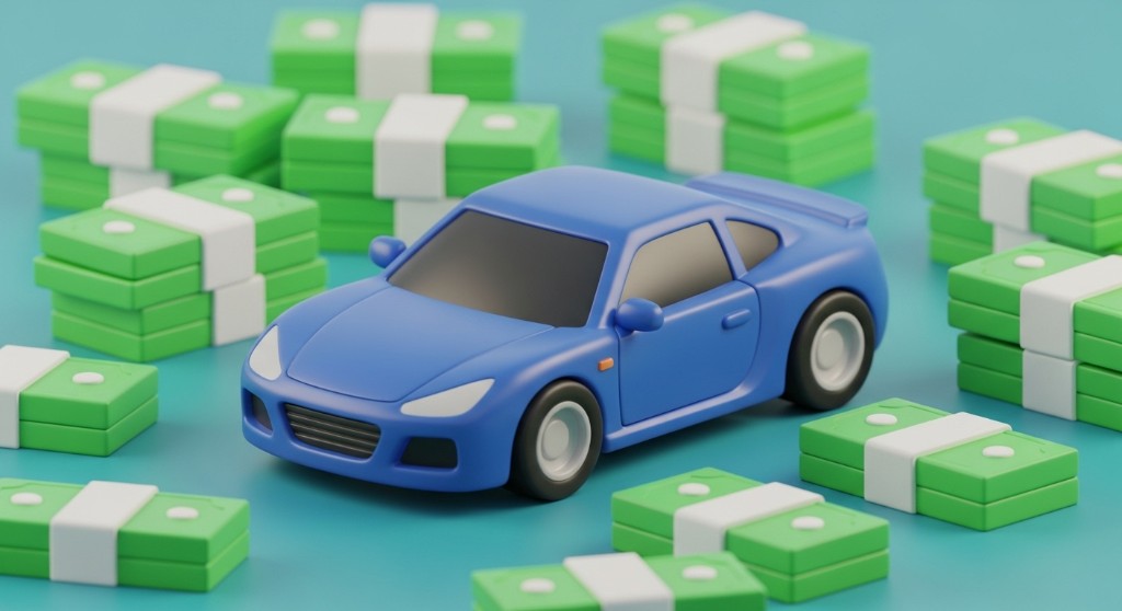 파란 스포츠카와 현금 다발이 함께 있는 3D 일러스트. 자동차보험료 절약과 다이렉트자동차보험료비교견적사이트 활용 주제를 상징
