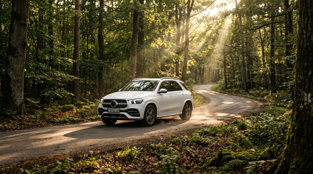 숲속 도로의 흰색 SUV