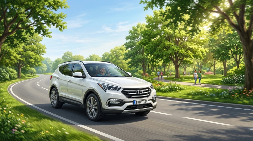 공원 옆 도로를 지나는 흰색 SUV — 다이렉트자동차보험 견적 절차