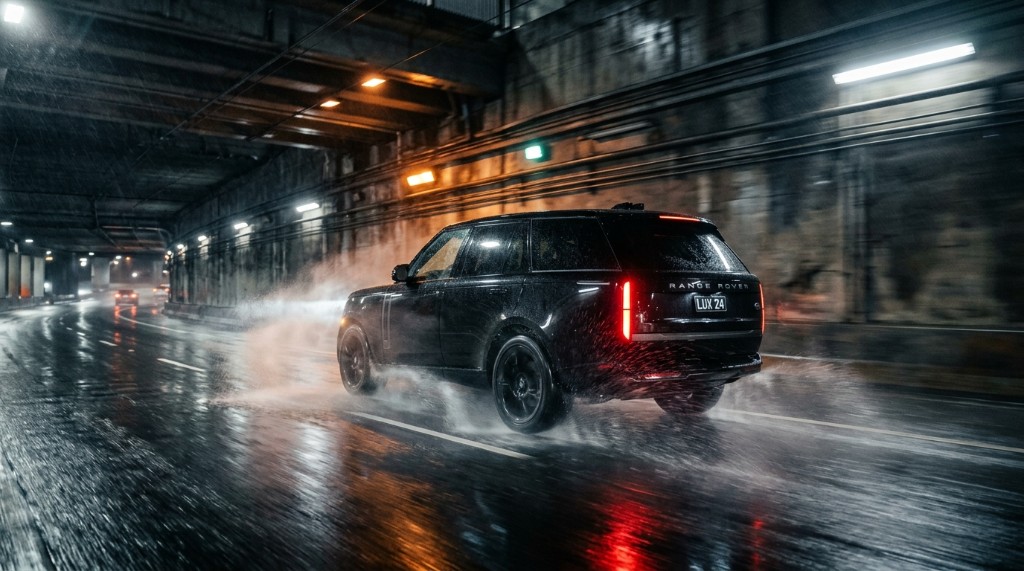 야간 빗길 터널 후면으로 달리는 SUV