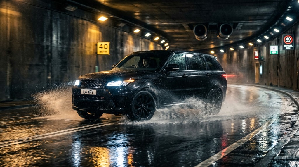 비 오는 터널을 주행하는 블랙 SUV