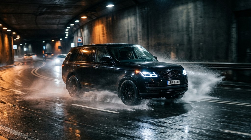 젖은 노면 터널에서 주행 중인 블랙 SUV