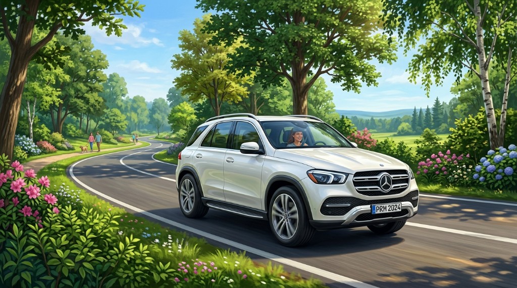 공원과 연못이 보이는 도로의 SUV — 자동차보험 특약 비교