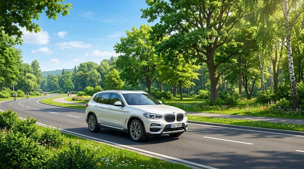 가족 산책로 인근을 지나는 SUV — 다이렉트자동차보험료비교견적 특약